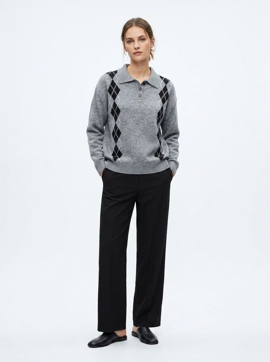 Grey Argyle Polo Knit Long Sleeve Sweater