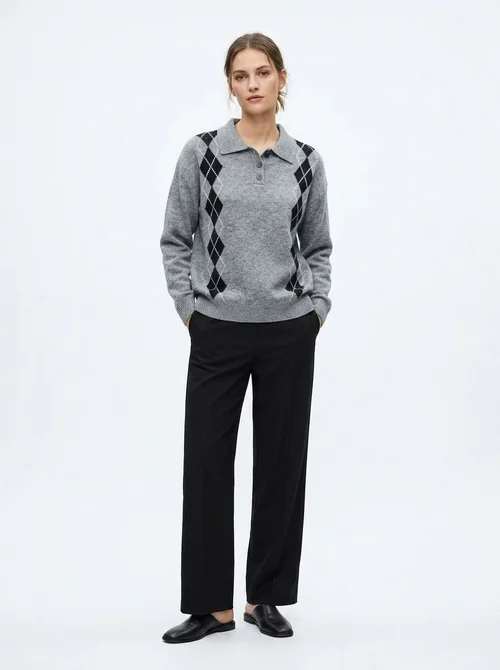 Grey Argyle Polo Knit Long Sleeve Sweater