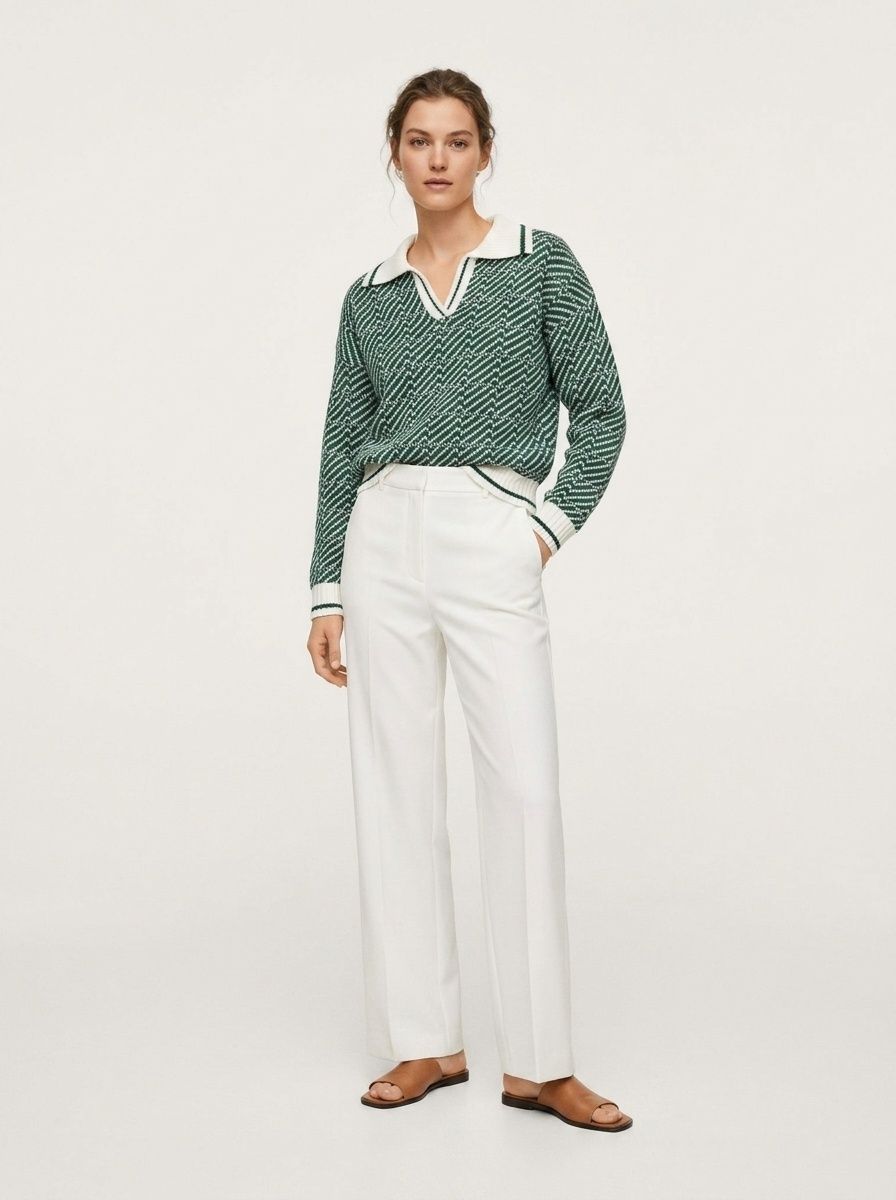 Women's Geometric Knit Long Sleeve Polo Sweater