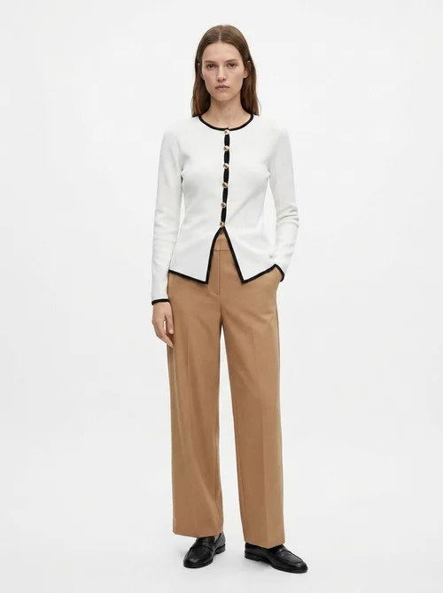 Contrast Trim Button-Front Long Sleeve Knit Cardigan