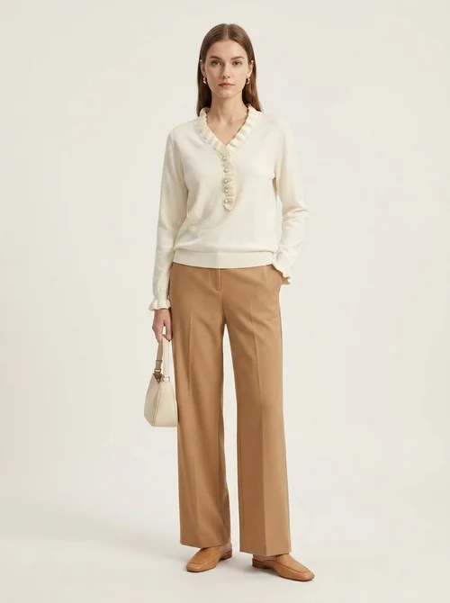 Women's Ruffle V-Neck Knit Sweater with Faux Pearl Buttons