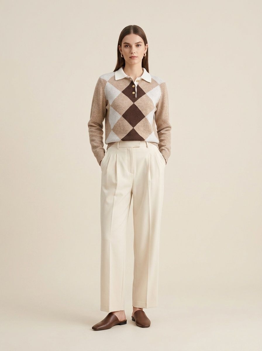 Argyle Polo Collar Knit Long Sleeve Sweater
