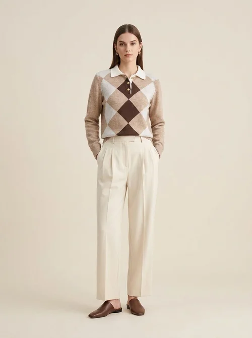 Argyle Polo Collar Knit Long Sleeve Sweater