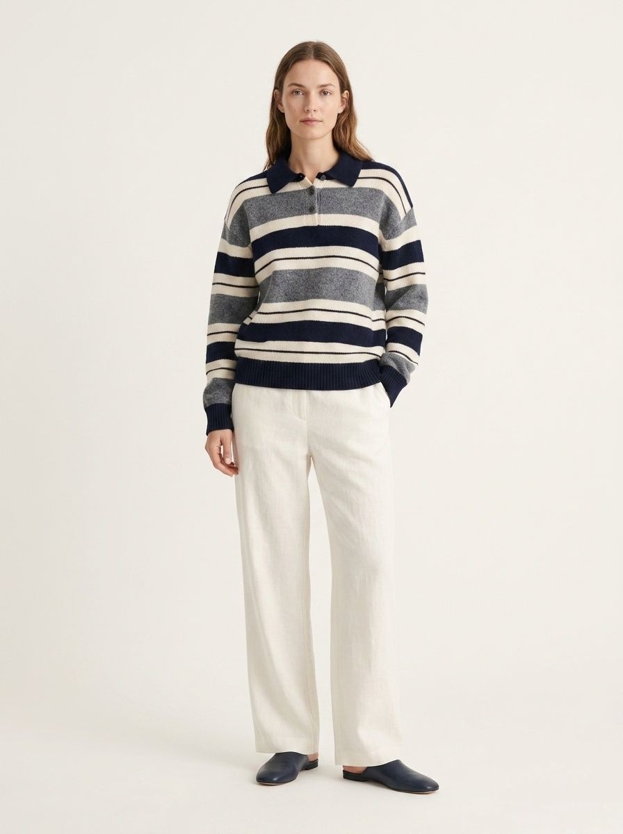 Striped Polo Collar Knit Pullover Sweater
