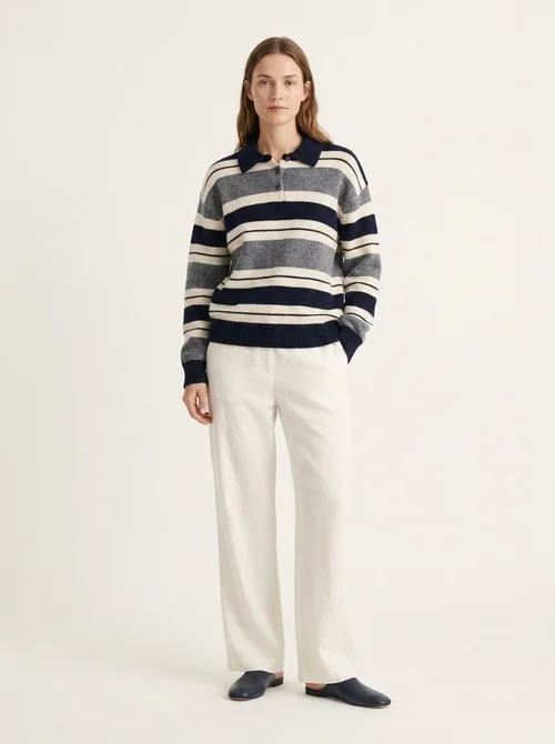 Striped Polo Collar Knit Pullover Sweater
