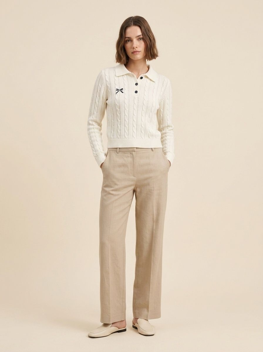 Women's Cable Knit Polo Collar Long Sleeve Crop Sweater