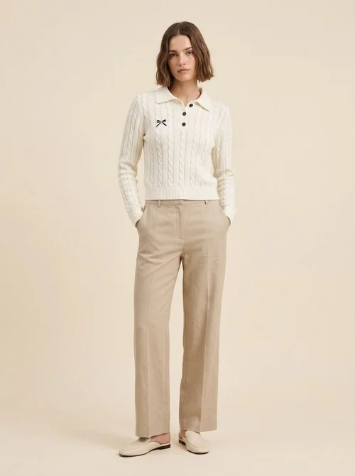 Women's Cable Knit Polo Collar Long Sleeve Crop Sweater