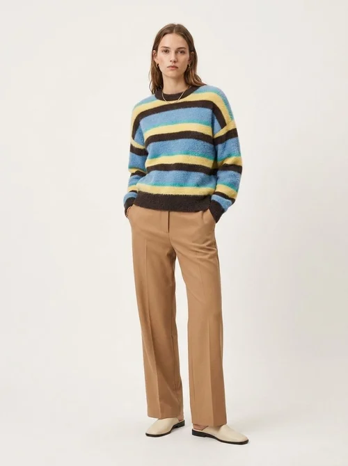 Women's Striped Fuzzy Knit Crewneck Sweater