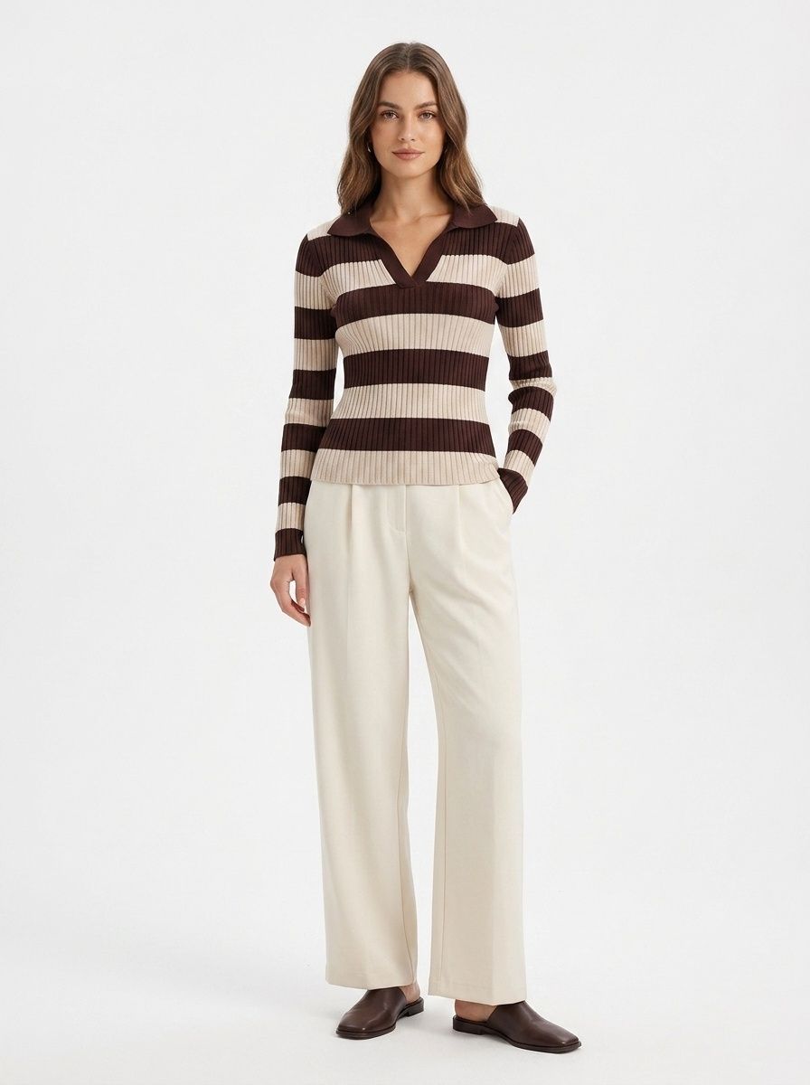 Striped Ribbed Knit Polo Top