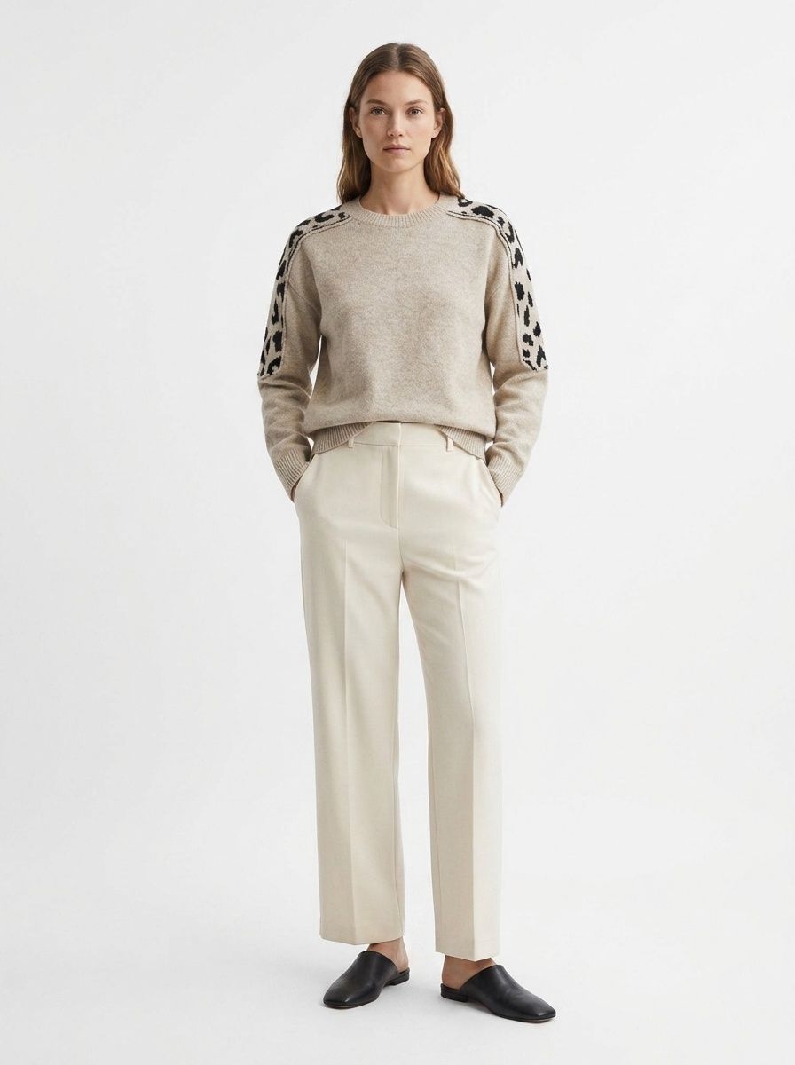 Women's Beige Leopard Shoulder Patch Knit Sweater
