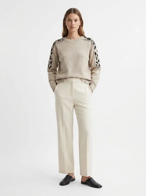 Women's Beige Leopard Shoulder Patch Knit Sweater
