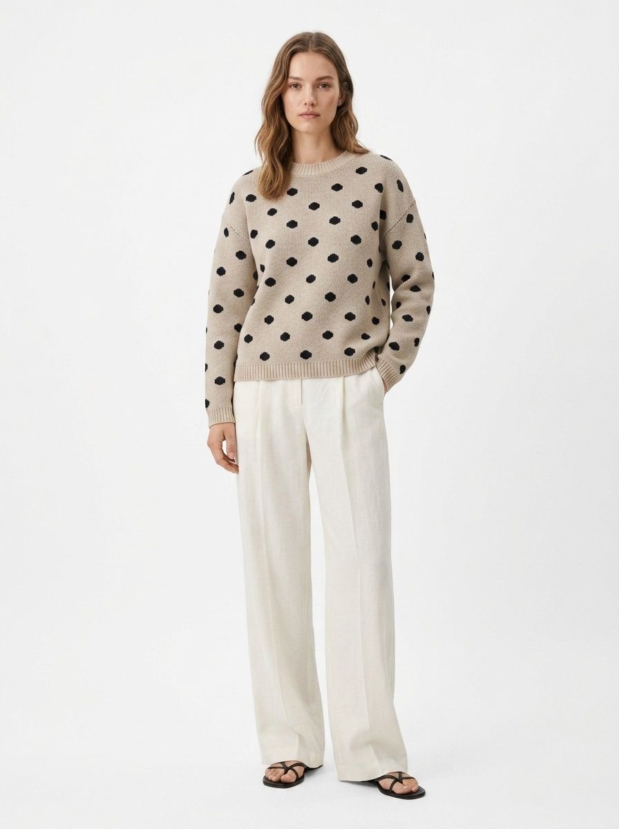 Beige Polka Dot Knit Crewneck Sweater