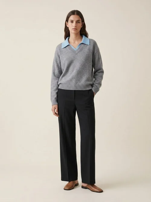 Women's Grey V-Neck Knit Sweater with Polo Collar