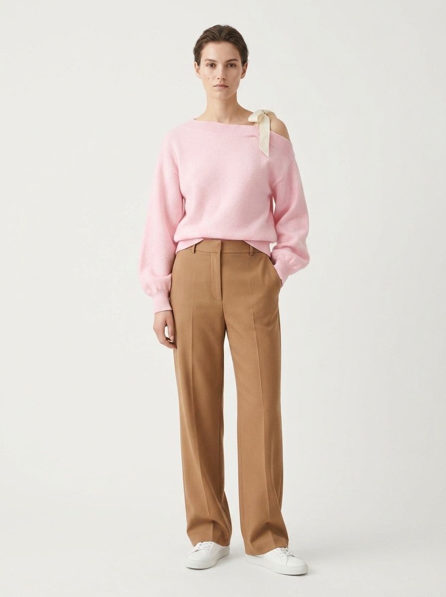 Women's One-Shoulder Tie Ribbon Knit Sweater