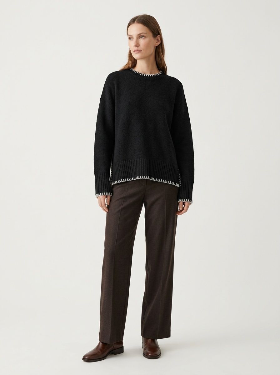 Women's Stitch Trim Knit Crewneck Pullover Sweater