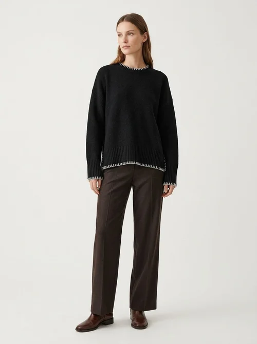 Women's Stitch Trim Knit Crewneck Pullover Sweater