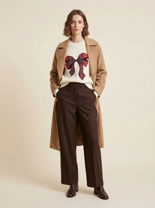 Women's Plaid Bow Crewneck Knit Sweater