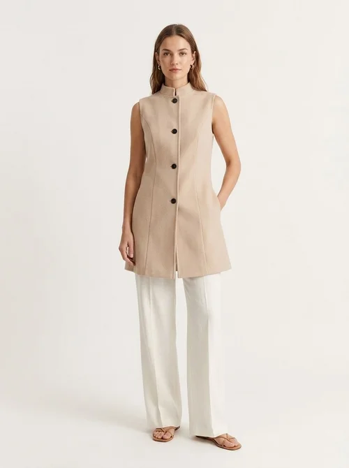Women's Sleeveless Stand Collar Longline Vest Coat
