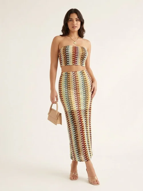 Wavy Print Strapless Crop Top & Midi Skirt Set