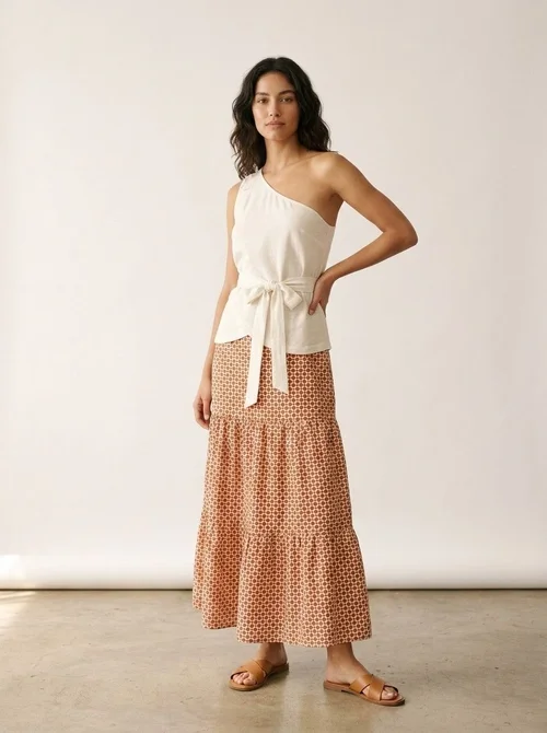 One-Shoulder Top & Geometric Maxi Skirt Set