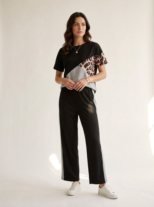 Dames loungewear set met colorblock en luipaardprint