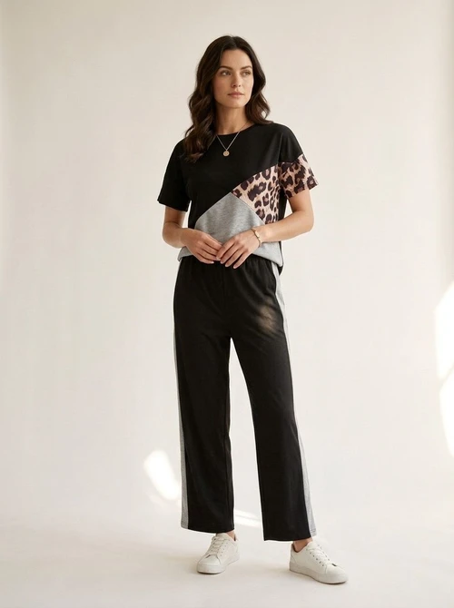 Women's Color Block Leopard Print Loungewear Set