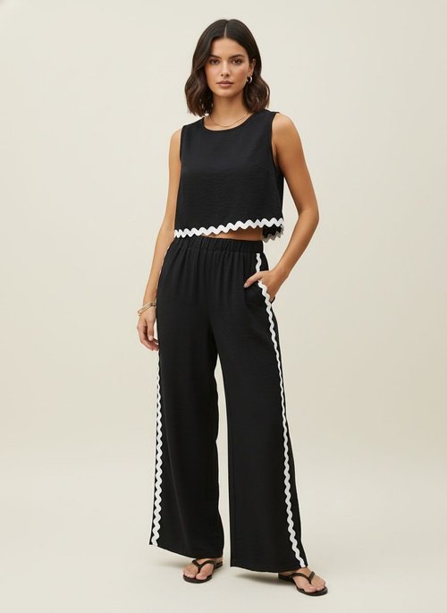Black & White Wavy Trim Crop Top & Wide Leg Pants Set