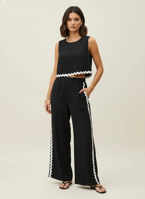 Ensemble crop top et pantalon large noir et blanc à bordure ondulée
