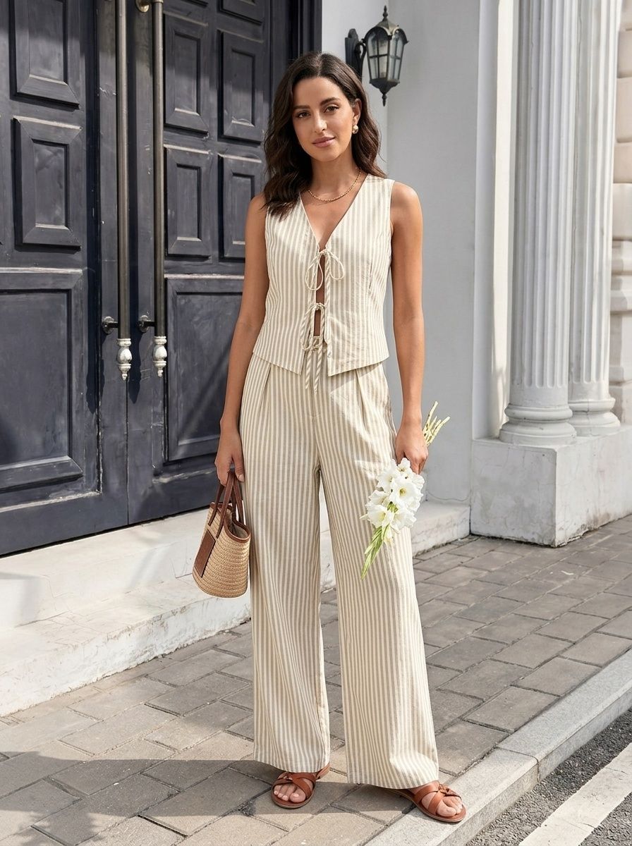 Striped Lace-Up Vest & Wide-Leg Pants Two-Piece Set