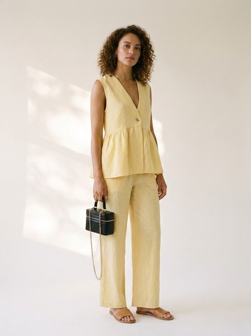 Completo chic giallo con top peplum e pantaloni a gamba larga