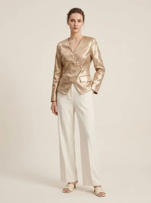 Metallic Gold Asymmetrical Button Blazer Jacket