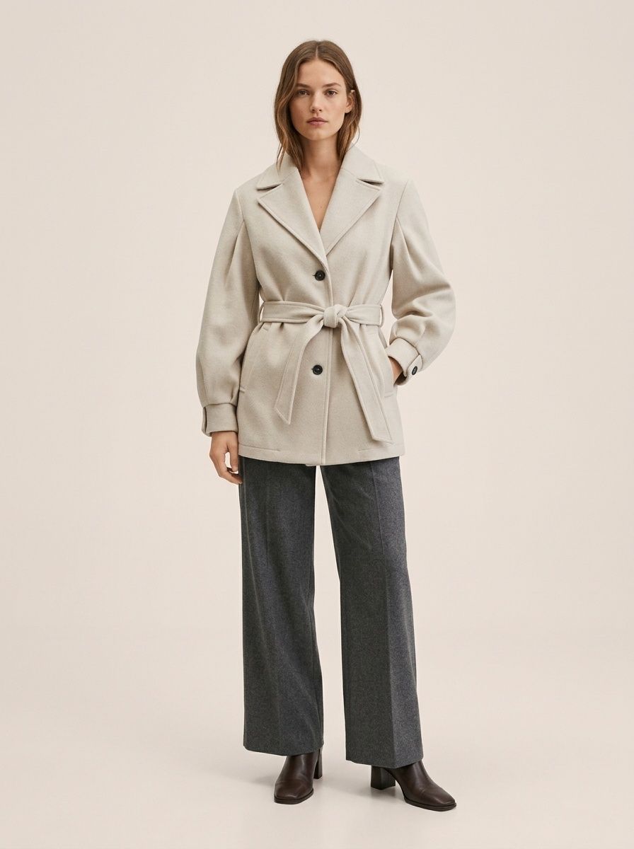 Beige Belted Button-Front Lapel Collar Coat