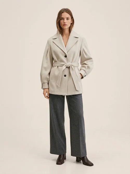 Beige Belted Button-Front Lapel Collar Coat