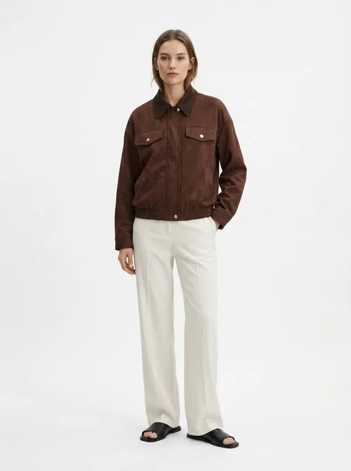 Women's Corduroy Collar Faux Suede Bomber Jacket