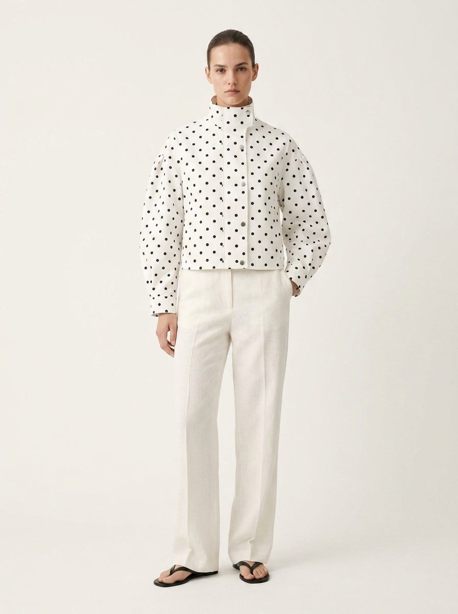 Polka Dot High Neck Zip Up Cropped Jacket