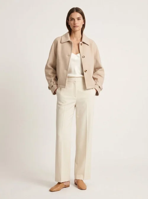 Women's Beige Button-Front Cropped Woolen Jacket