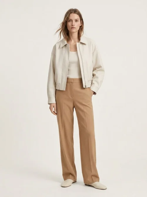 Off-White Zip-Up Bomber Jacket with Elastic Hem