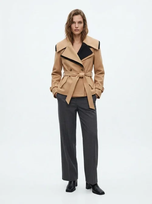Contrast Lapel Belted Double-Breasted Short Coat