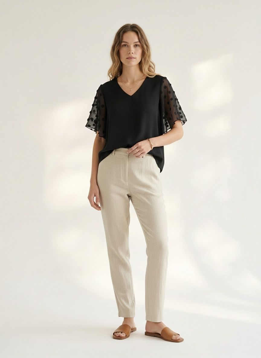 Black V-Neck Flutter Sleeve Top - Sheer Polka Dot