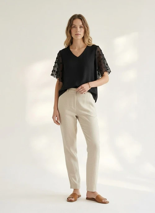 Black V-Neck Flutter Sleeve Top - Sheer Polka Dot