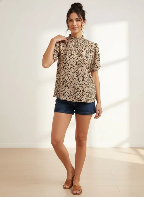 Chic Leopard Print Mock Neck Short Sleeve Blouse