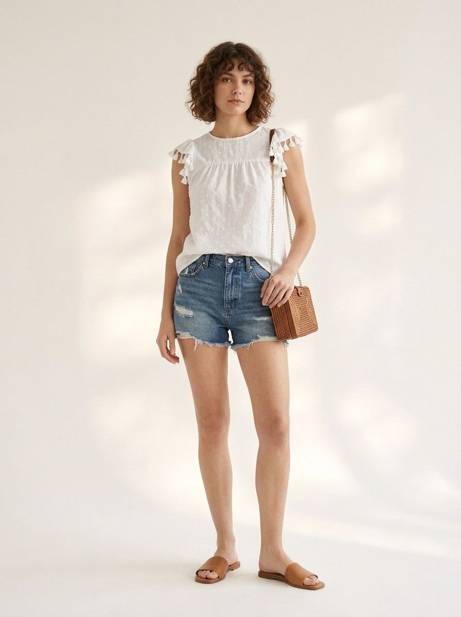 White Swiss Dot Ruffle Tassel Sleeveless Top