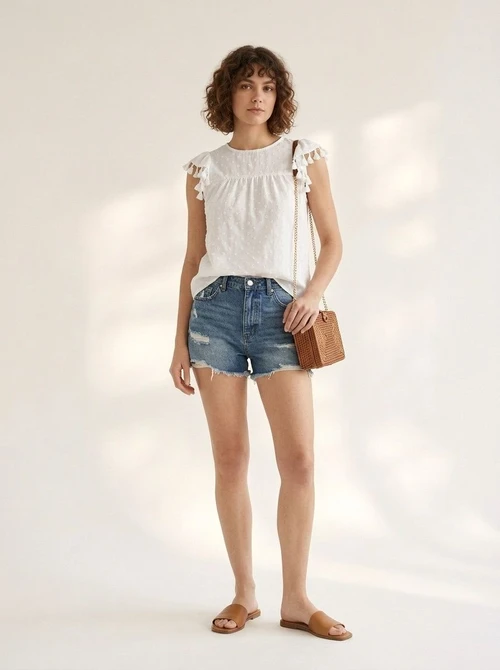 White Swiss Dot Ruffle Tassel Sleeveless Top