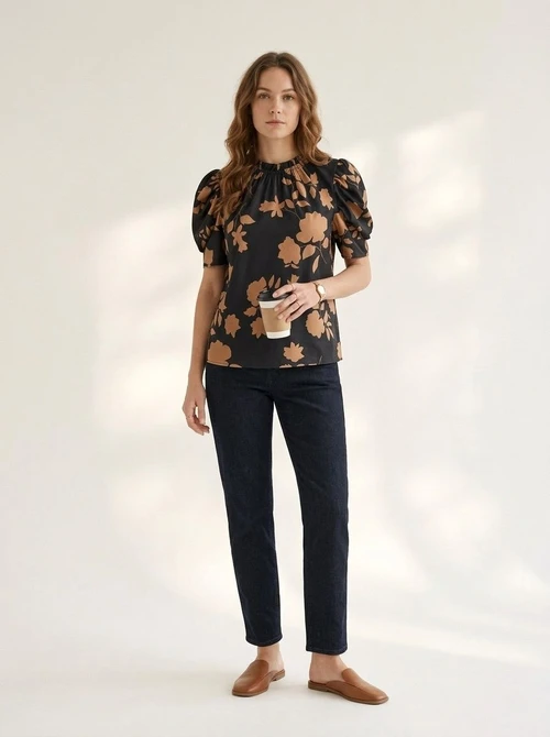 Women's Floral Puff Sleeve Mock Neck Blouse