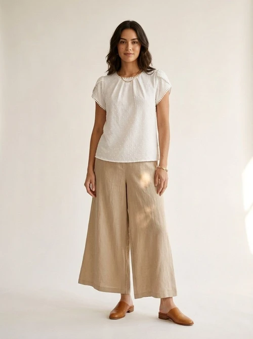 Women's White Pom-Pom Trim Textured Short Sleeve Top