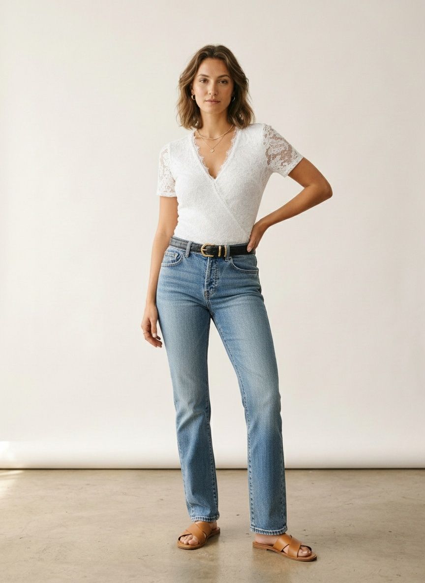 White Lace V-Neck Short Sleeve Bodysuit