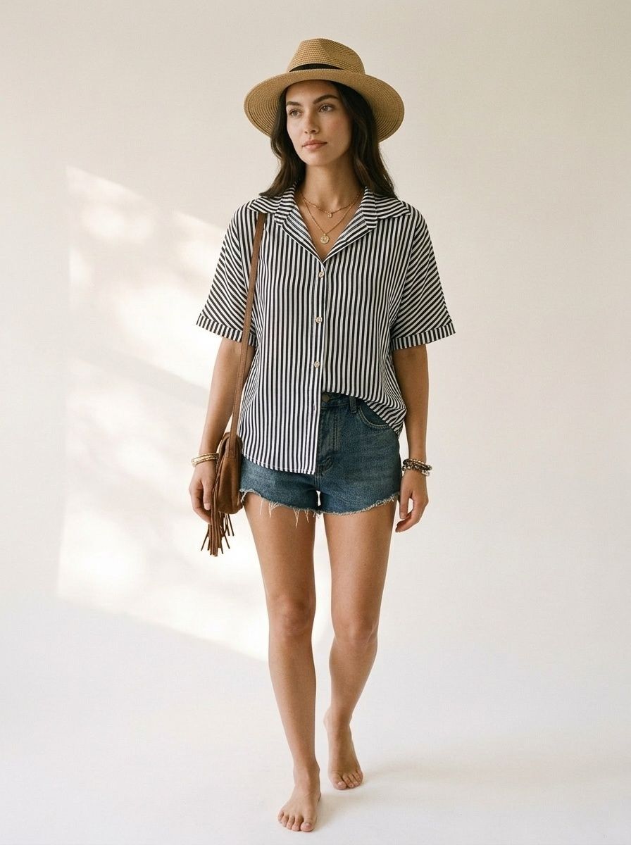 Women's Striped Button-Up Short Sleeve Shirt