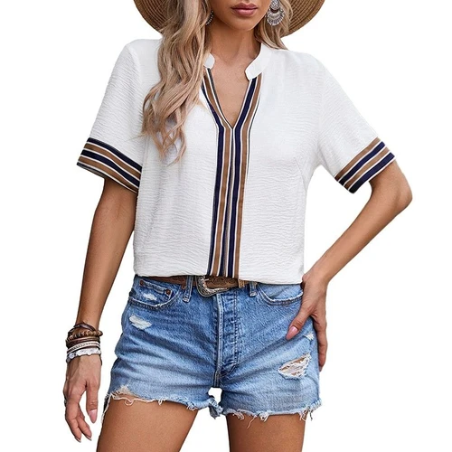 Women's Striped V-Neck Short Sleeve Casual Blouse Top