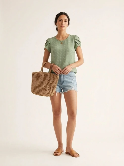 Women's Light Green Swiss Dot Puff Sleeve Blouse