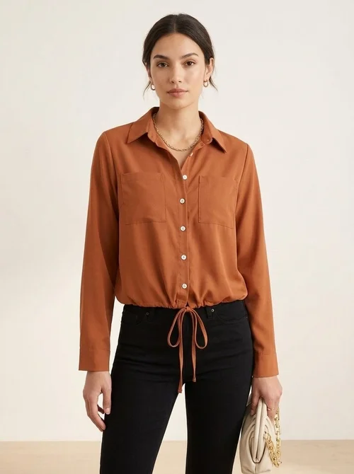 Women's Drawstring Hem Button-Up Shirt with Pockets
